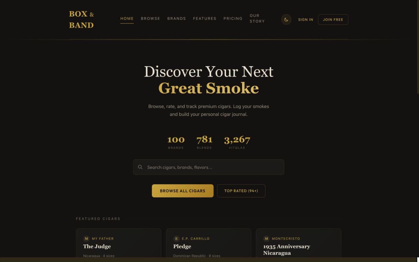 Box & Band homepage showing its cigar discovery catalog