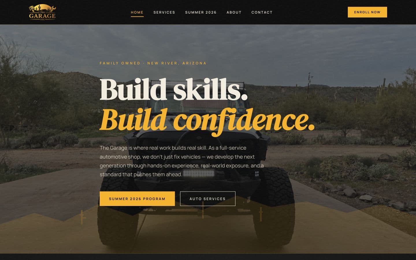 The Garage homepage showing its automotive and education program